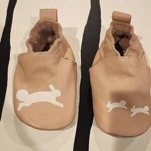 Boumy Pink Leather Baby Booties with Bunny Print - Size XS